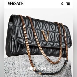 Versace Virtus Black Quilted Shoulder Bag with Gold Chain Barocco Lined Print
